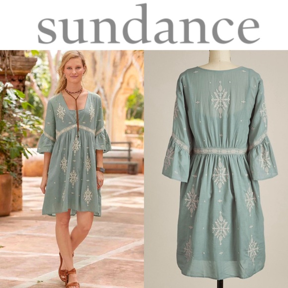 SUNDANCE WAYWARD TRAVELS EMBROIDERED BELL SLEEVE DRESS IN SAGE GREEN *NWOT* - Picture 1 of 14